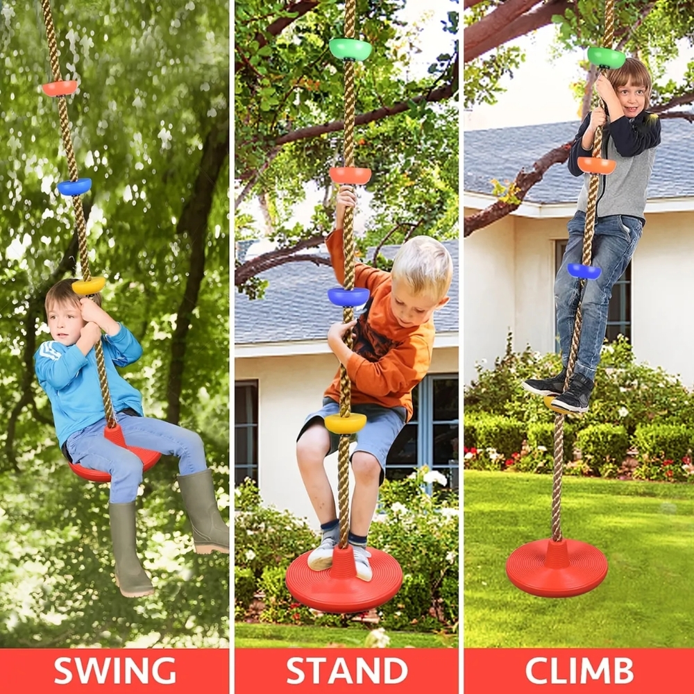 Kids Swing With Climbing Rope single disc seat indoor or outdoor tree swing.
